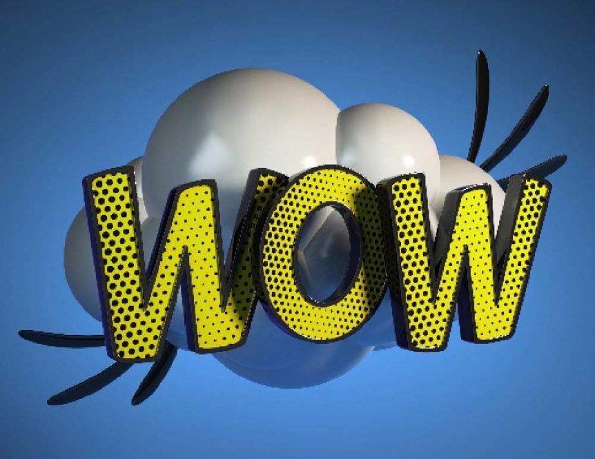 3d rendering of white cloud with thin black wings behind the word wow styled in yellow and shaded with black halftone dots